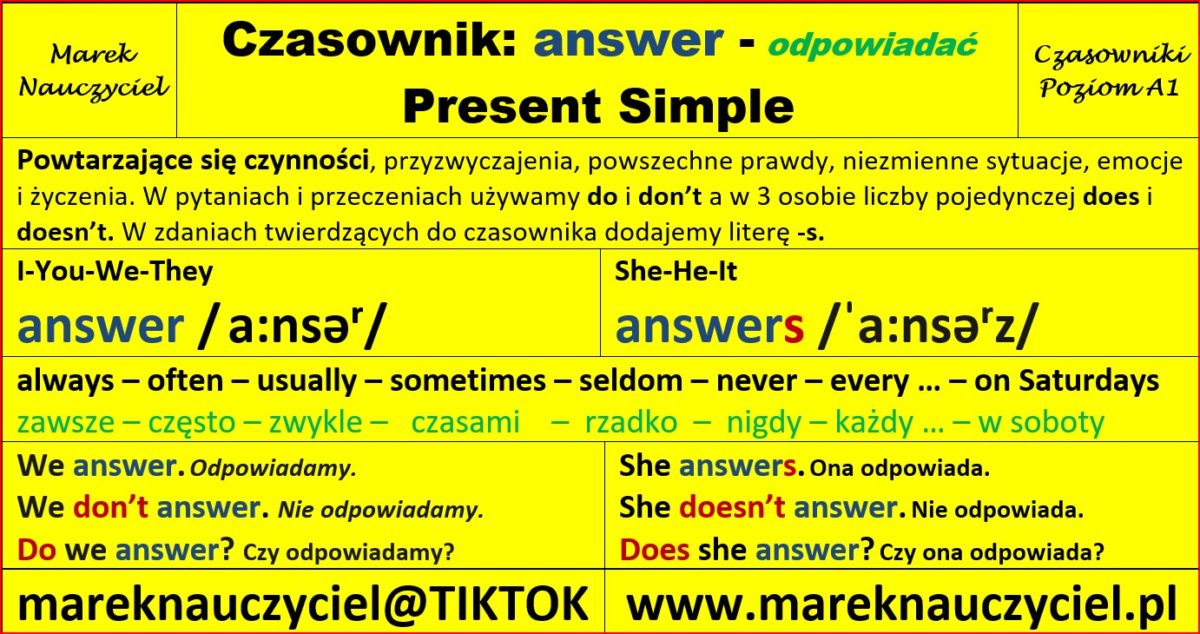 Pytania Szczegółowe W Present Simple Czasownik: answer Present Simple – Marek Nauczyciel