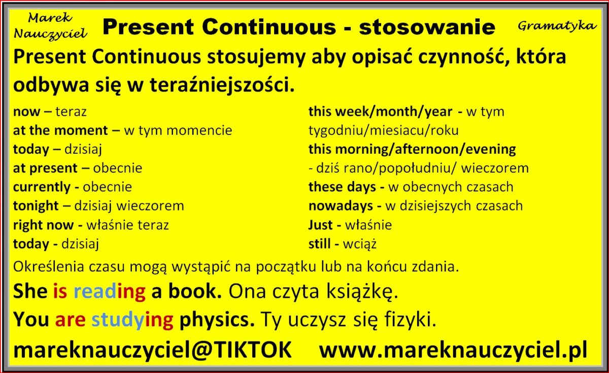 Czas Present Continuous ćwiczenia Klasa 5 Present Continuous stosowanie – Marek Saik
